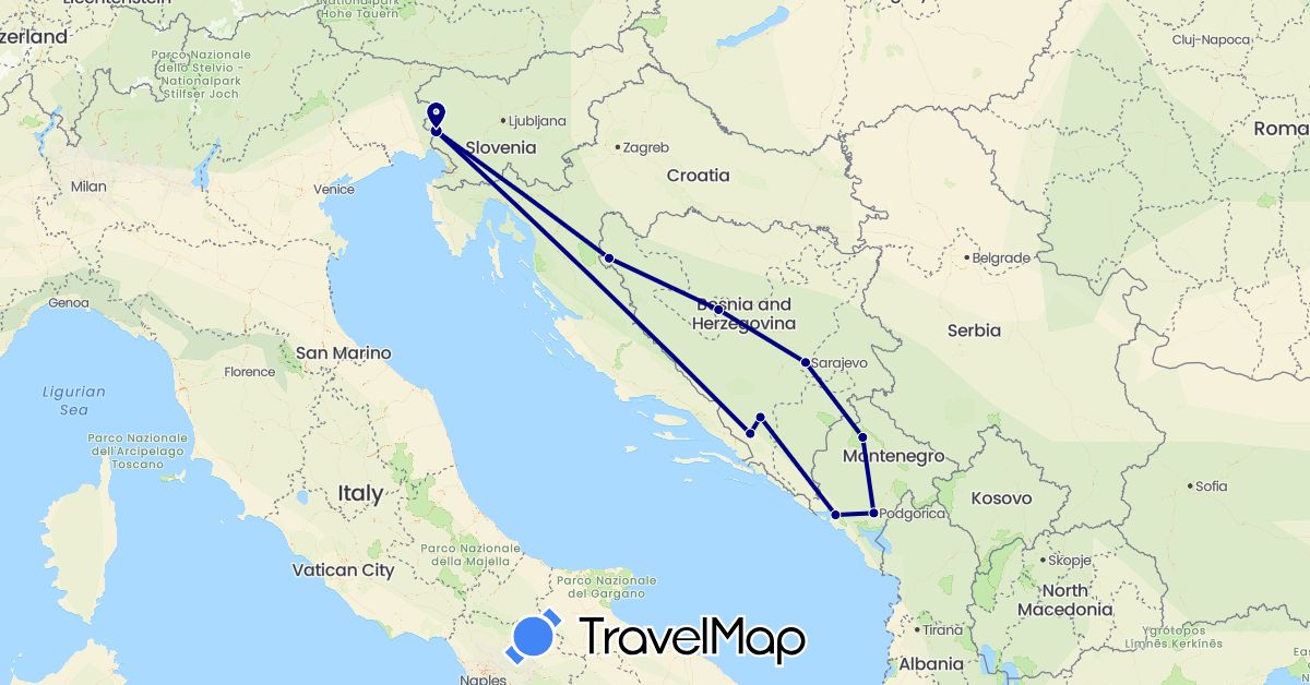 TravelMap itinerary: driving in Bosnia and Herzegovina, Montenegro, Slovenia (Europe)